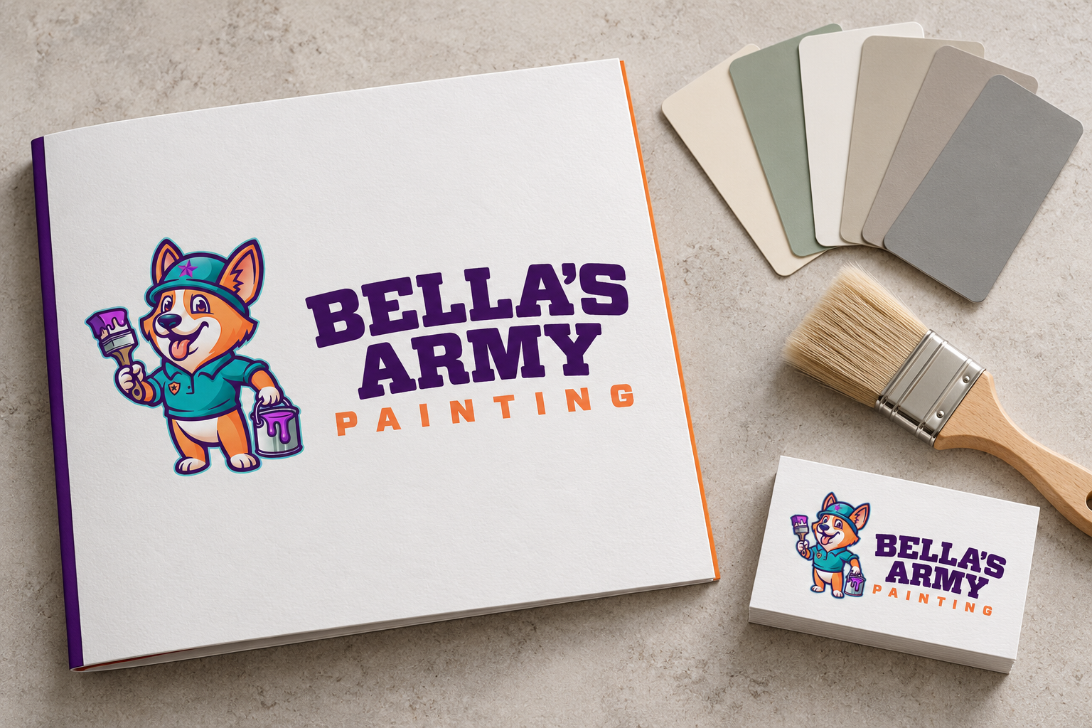 AI-generated brand concept for Bella’s Army Painting: color consultation stationery.