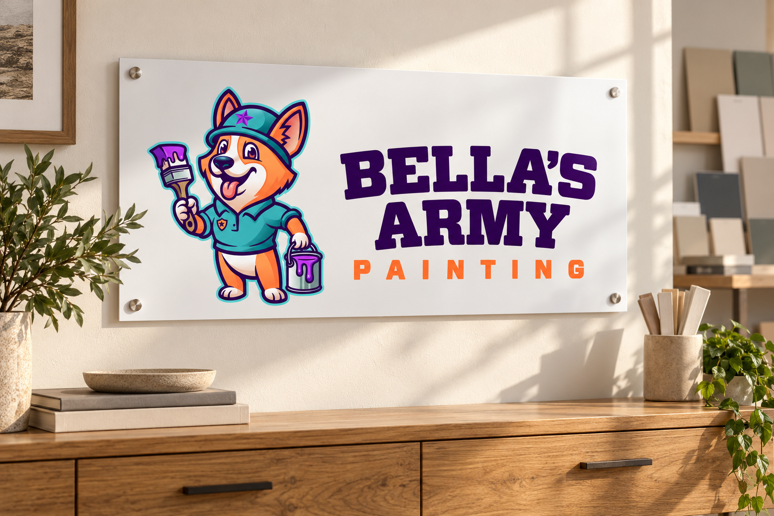 AI-generated brand concept for Bella’s Army Painting: consultation studio wall sign.