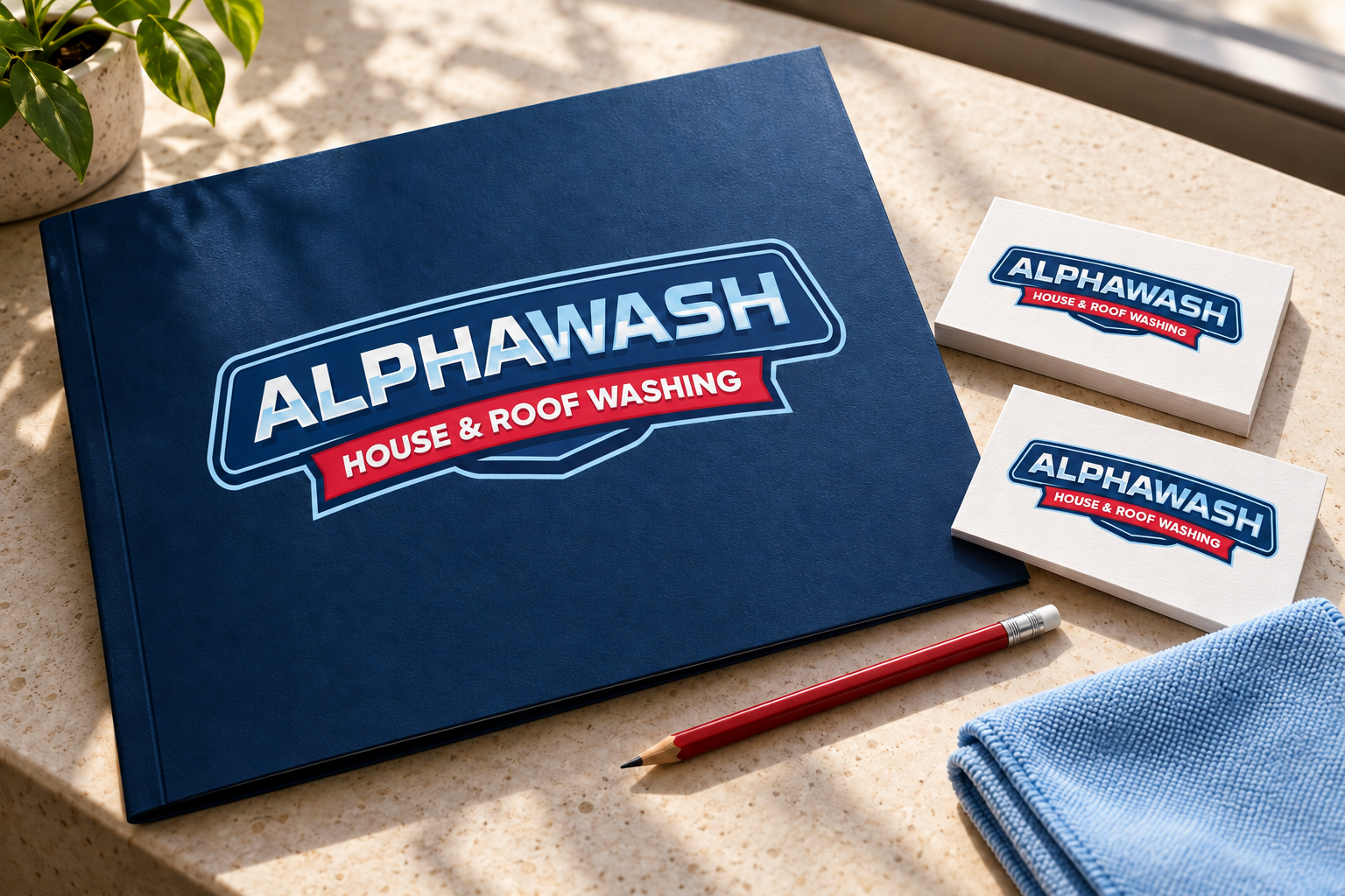 AI-generated brand concept for AlphaWash: premium client kit.