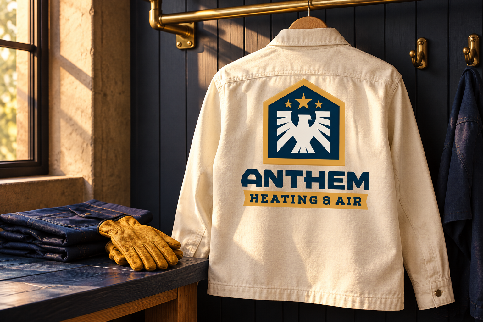 AI-generated brand concept for Anthem Heating & Air: heritage workwear.