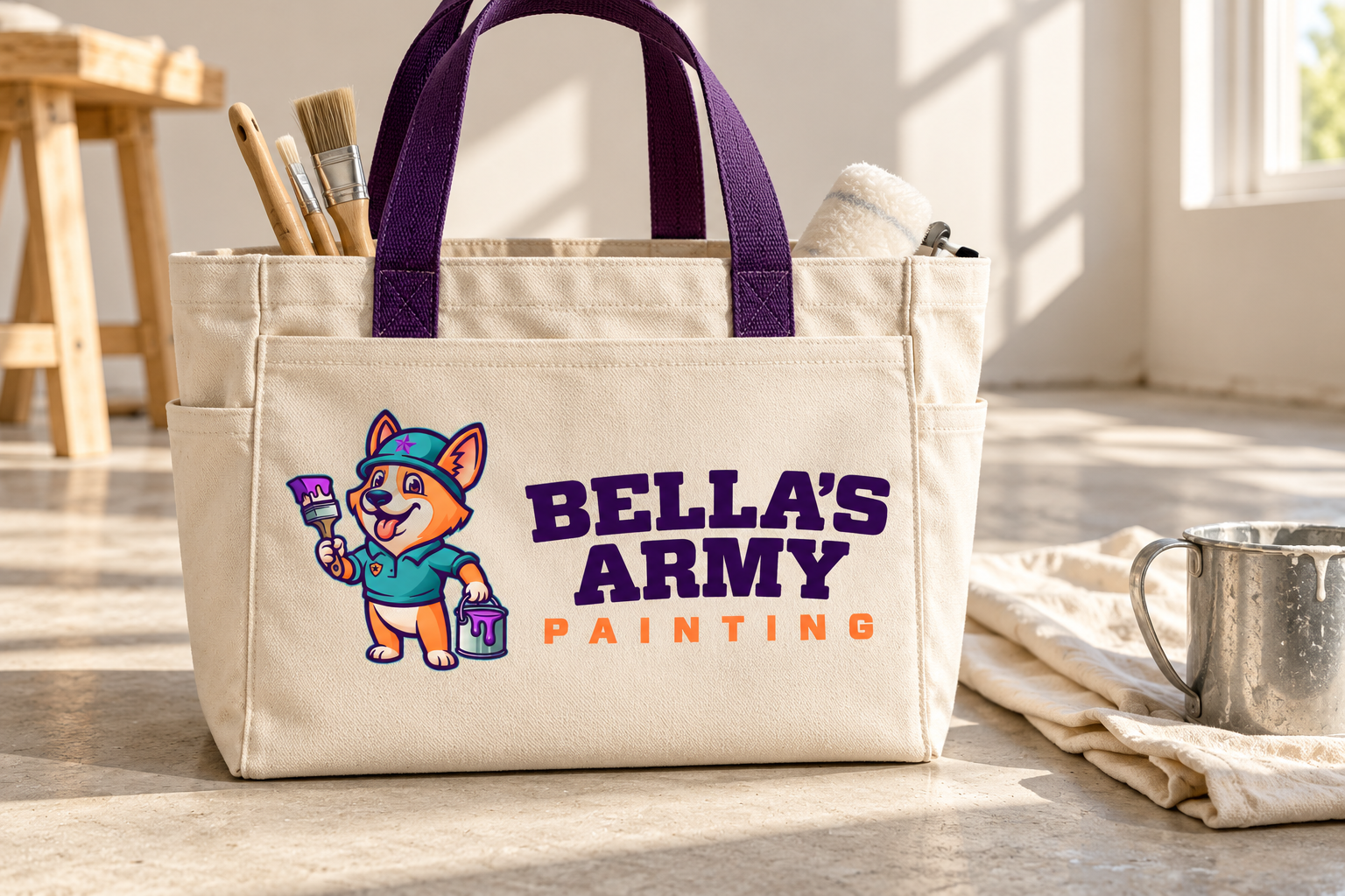 AI-generated brand concept for Bella’s Army Painting: canvas field tote.