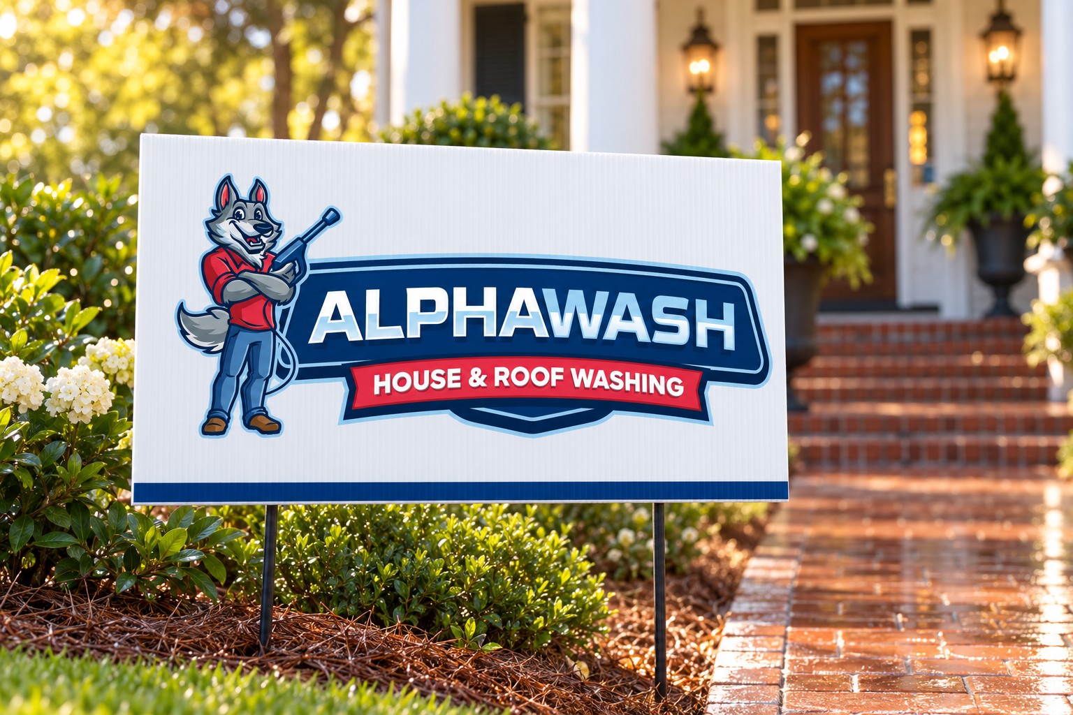AI-generated brand concept for AlphaWash: yard sign portrait.