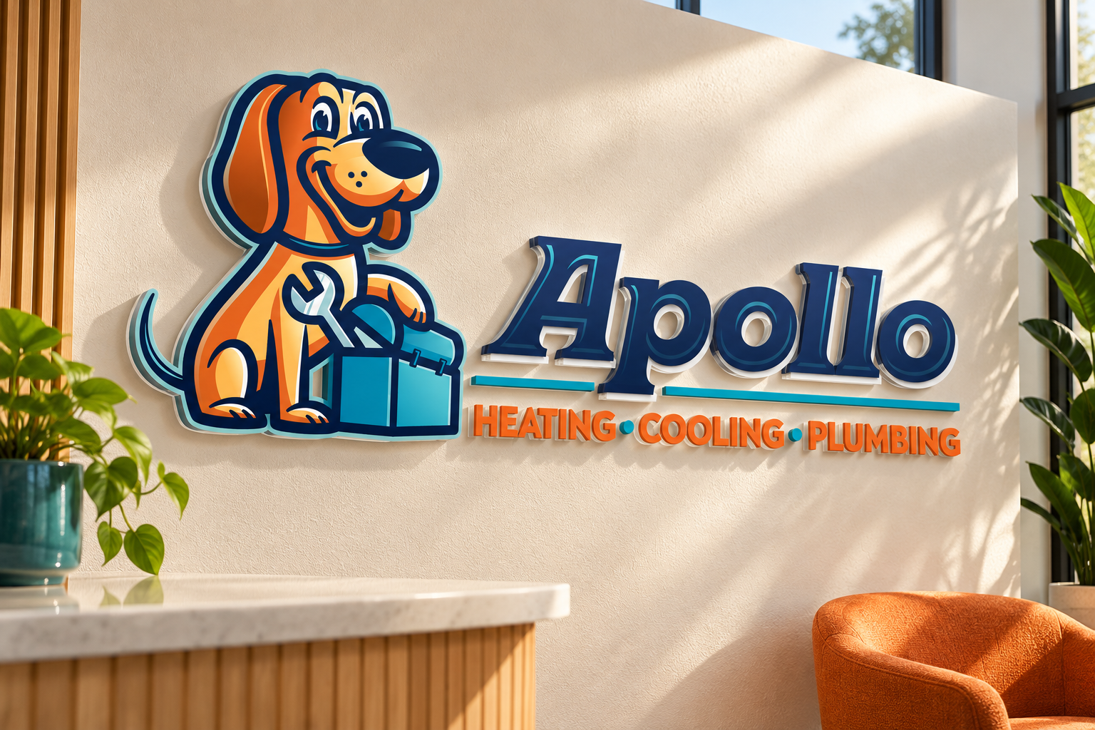 AI-generated brand concept for Apollo Heating Cooling Plumbing: dimensional lobby sign.