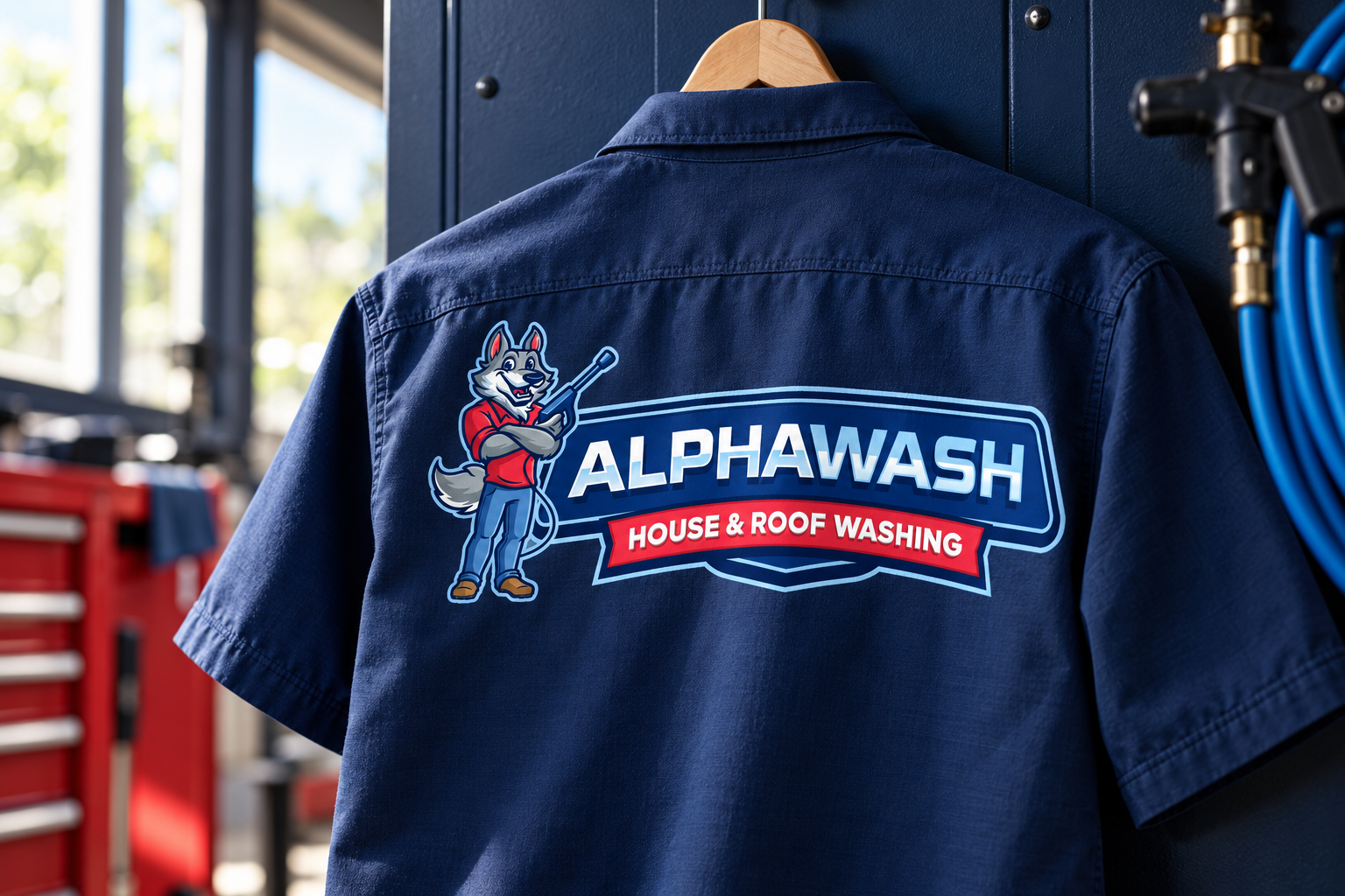 AI-generated brand concept for AlphaWash: workwear studio.