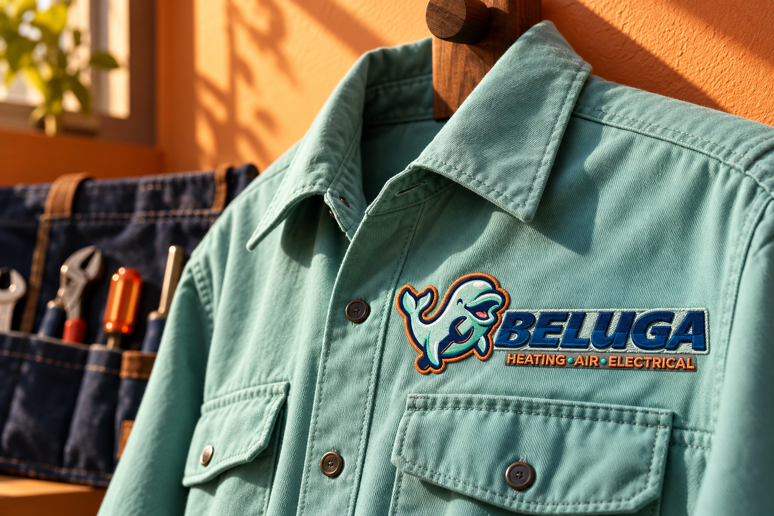 AI-generated brand concept for Beluga Heating & Air: embroidered workwear.