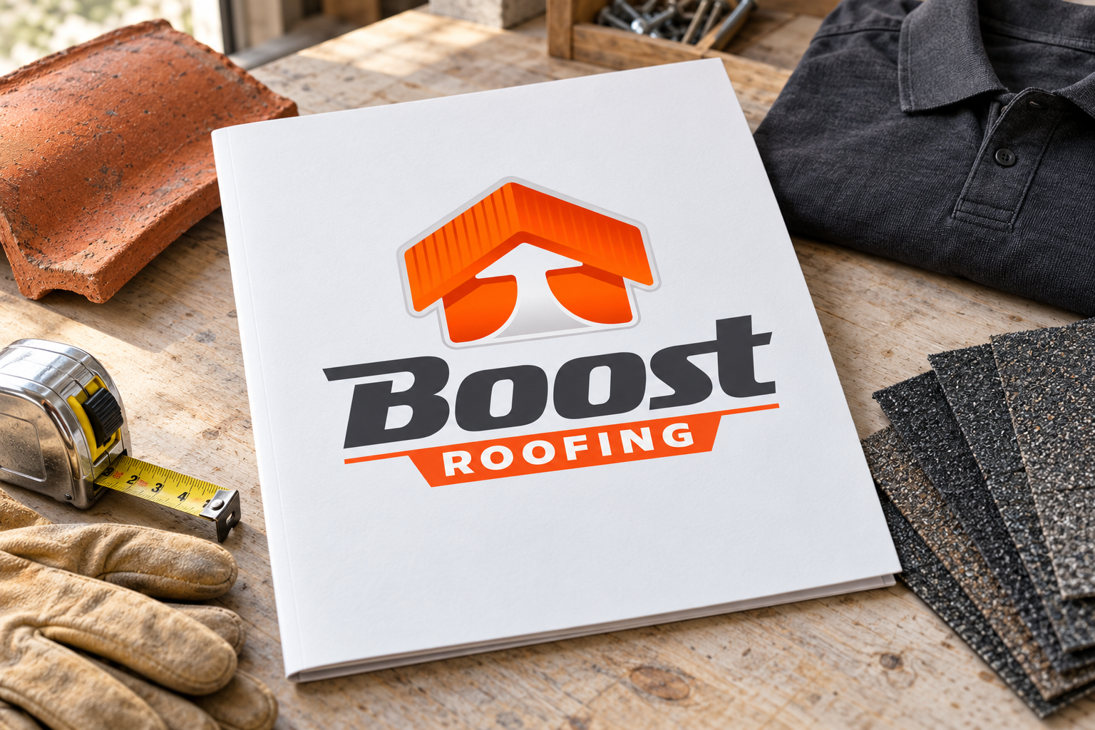 AI-generated brand concept for Boost Roofing: roofing consultation kit.