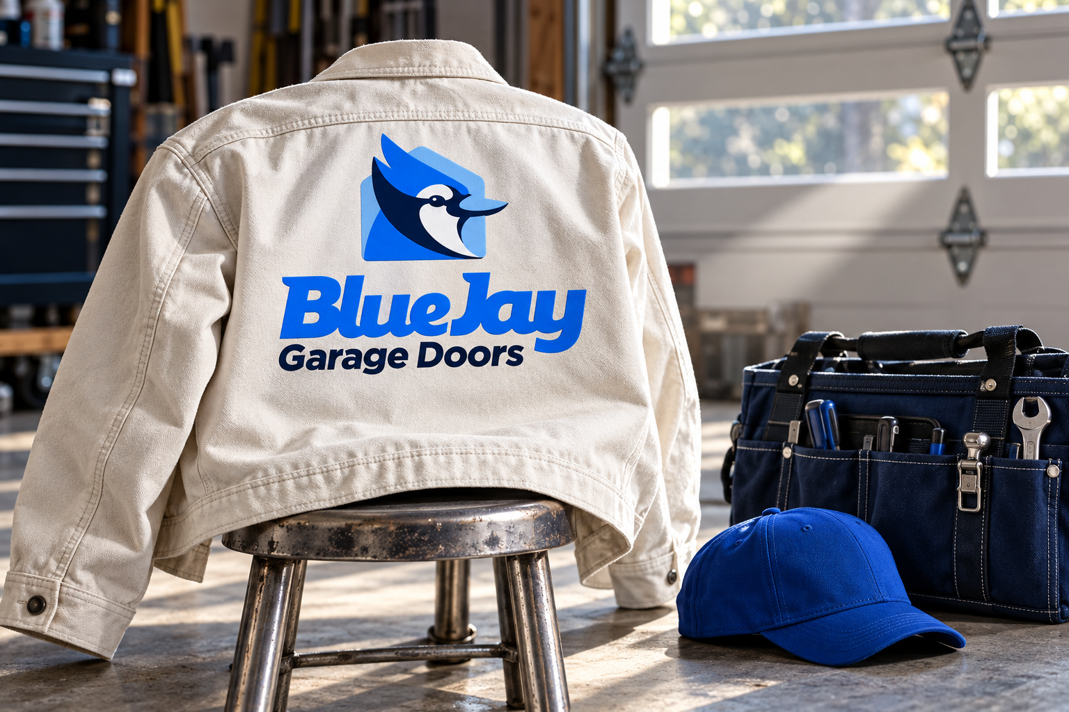 AI-generated brand concept for BlueJay Garage Doors: work jacket and kit.