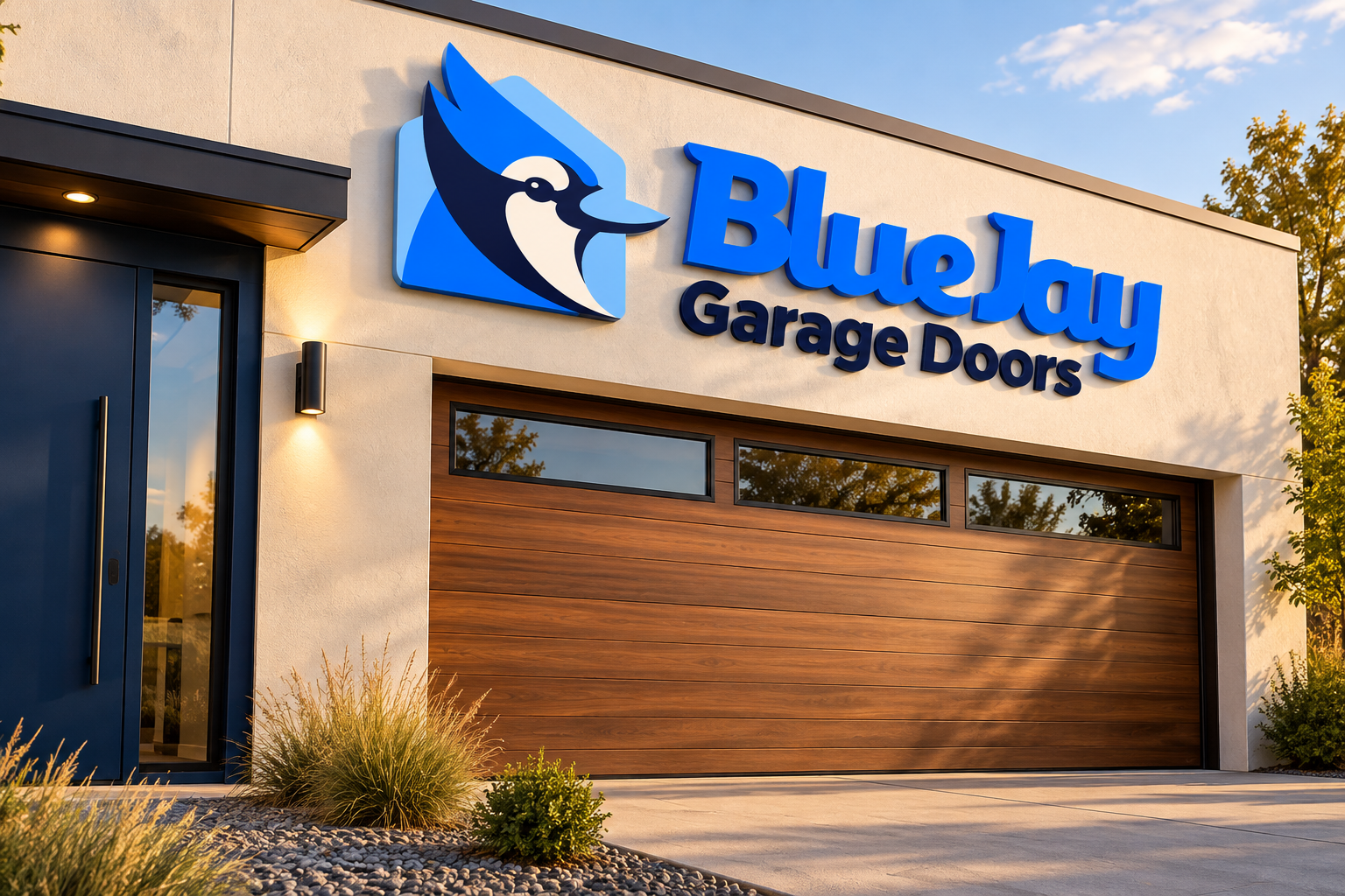 AI-generated brand concept for BlueJay Garage Doors: showroom facade sign.