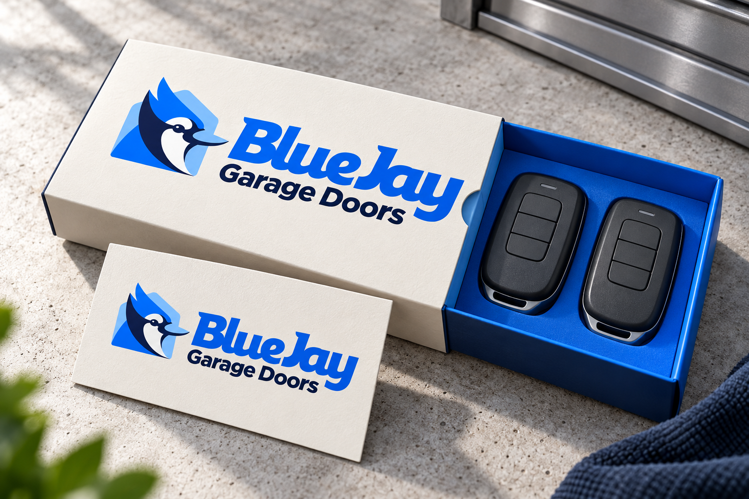 AI-generated brand concept for BlueJay Garage Doors: garage handover package.