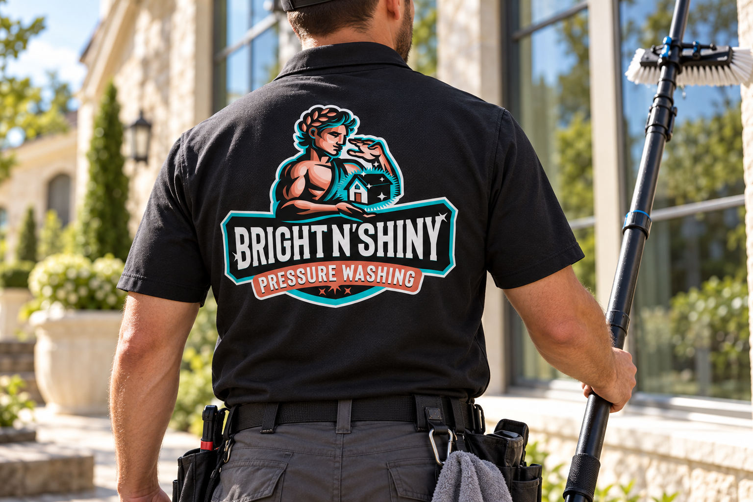 AI-generated brand concept for Bright N Shiny Pressure Washing: technician work shirt.