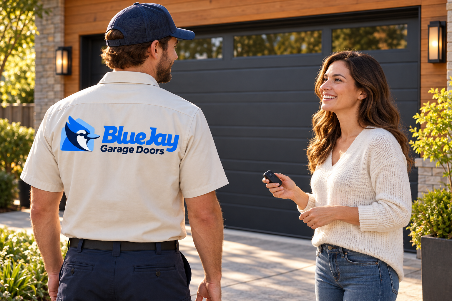 AI-generated brand concept for BlueJay Garage Doors: homeowner garage handover.