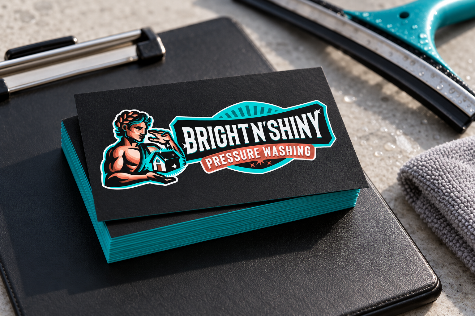 AI-generated brand concept for Bright N Shiny Pressure Washing: field business cards.
