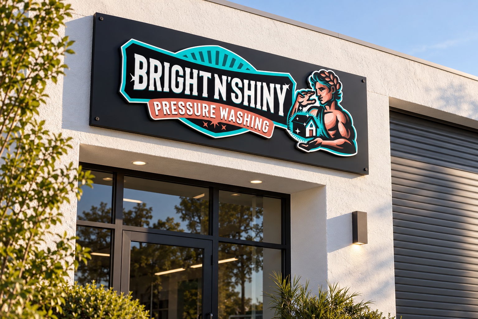 AI-generated brand concept for Bright N Shiny Pressure Washing: workshop signage.