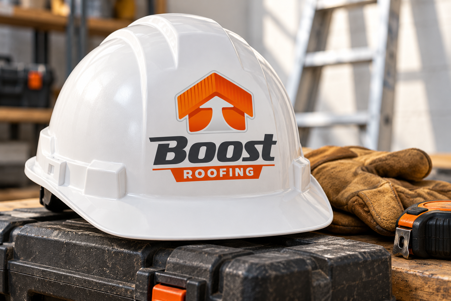 AI-generated brand concept for Boost Roofing: safety helmet tool kit.