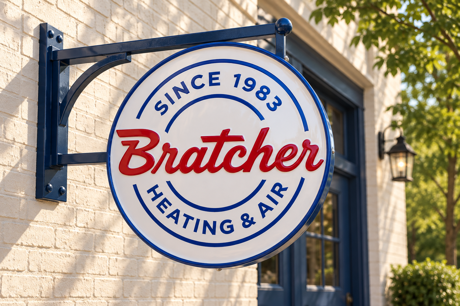 AI-generated brand concept for Bratcher Heating & Air: enamel roundel sign.