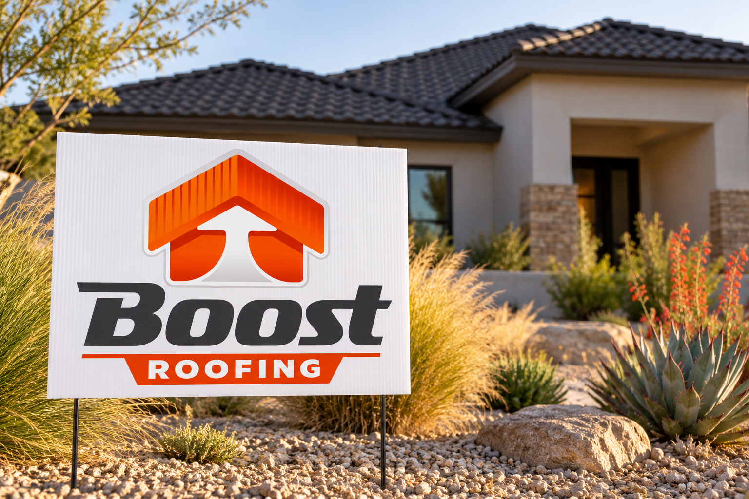 AI-generated brand concept for Boost Roofing: landscaped yard sign.