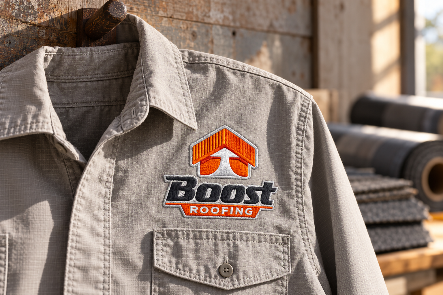 AI-generated brand concept for Boost Roofing: embroidered work shirt.