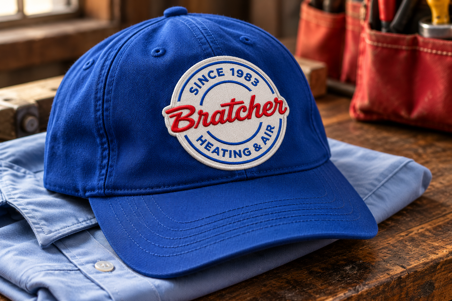 AI-generated brand concept for Bratcher Heating & Air: embroidered workwear.