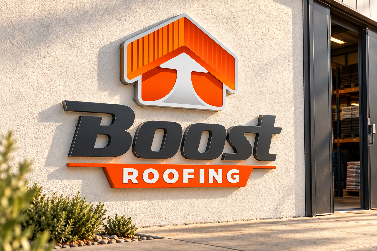 AI-generated brand concept for Boost Roofing: workshop dimensional sign.