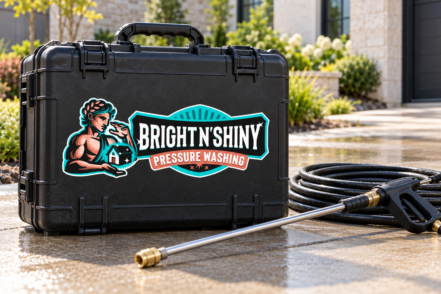 AI-generated brand concept for Bright N Shiny Pressure Washing: equipment case.