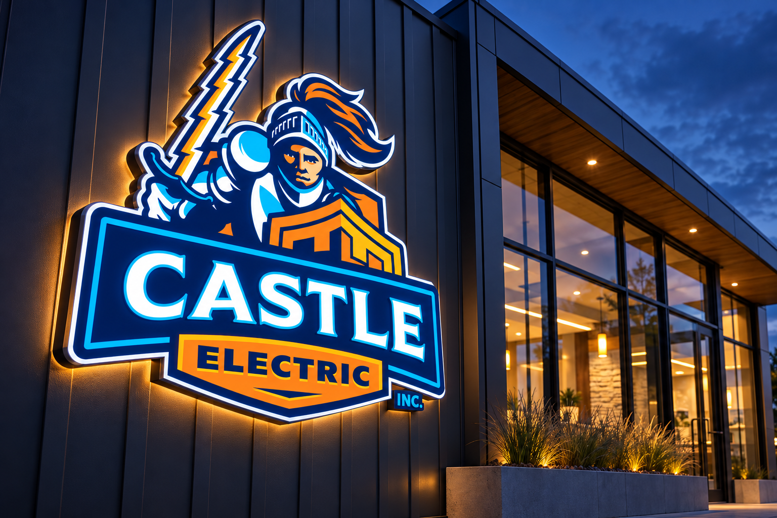 AI-generated brand concept for Castle Electric: dimensional architectural signage.