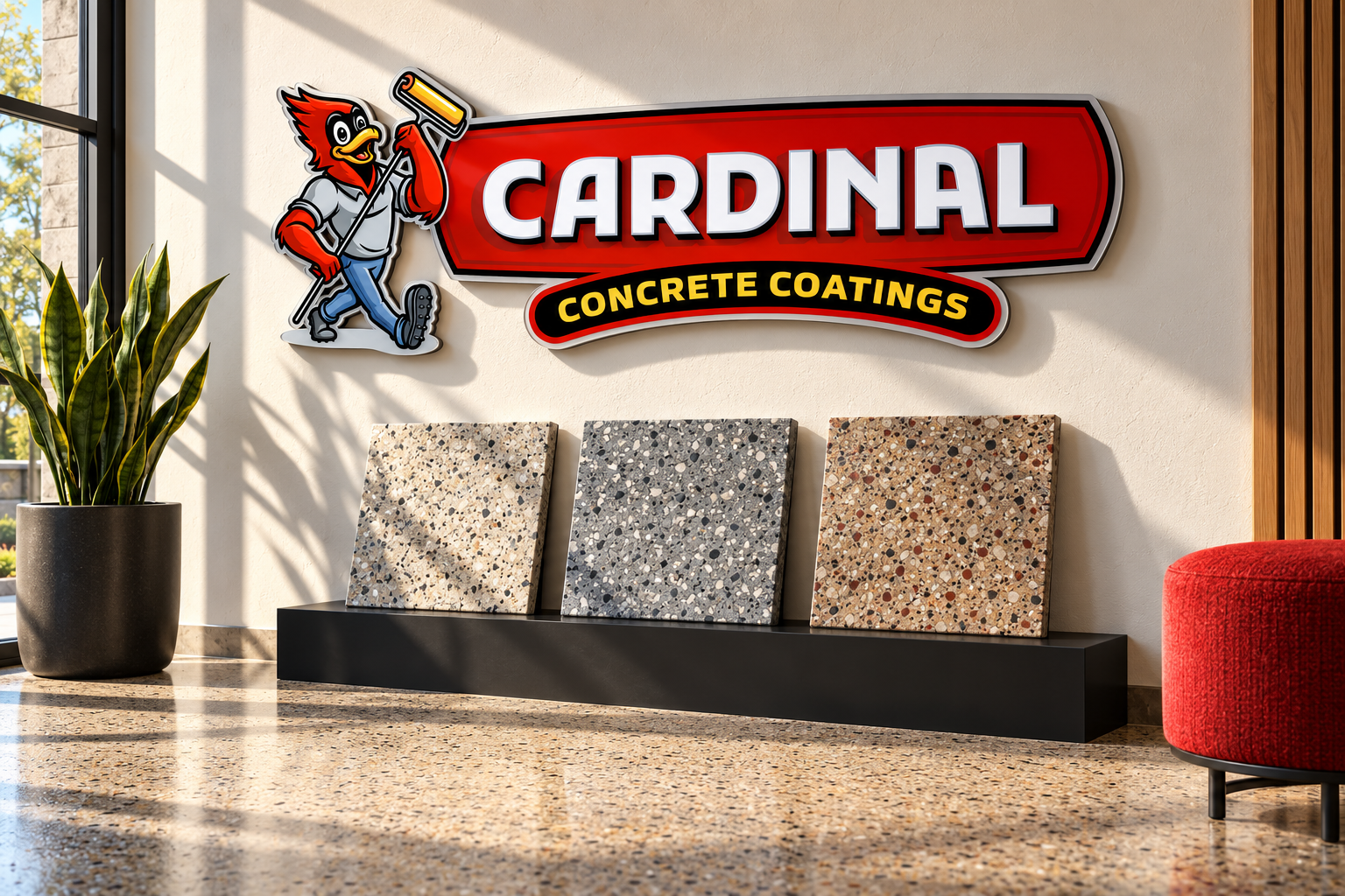 AI-generated brand concept for Cardinal Concrete Coatings: showroom dimensional sign.