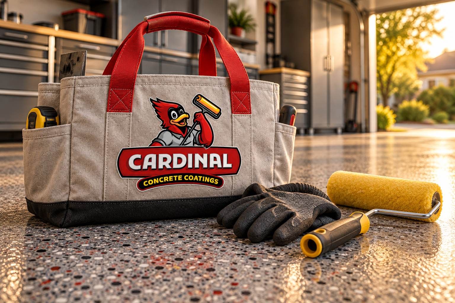AI-generated brand concept for Cardinal Concrete Coatings: jobsite tote lifestyle.