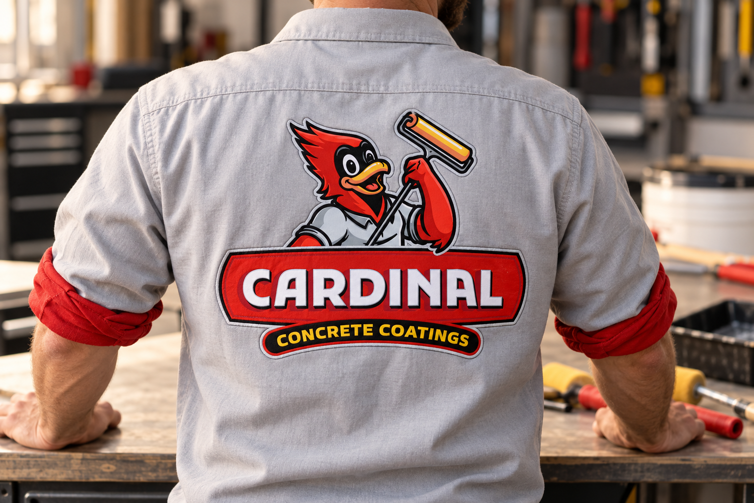 AI-generated brand concept for Cardinal Concrete Coatings: crew workwear.
