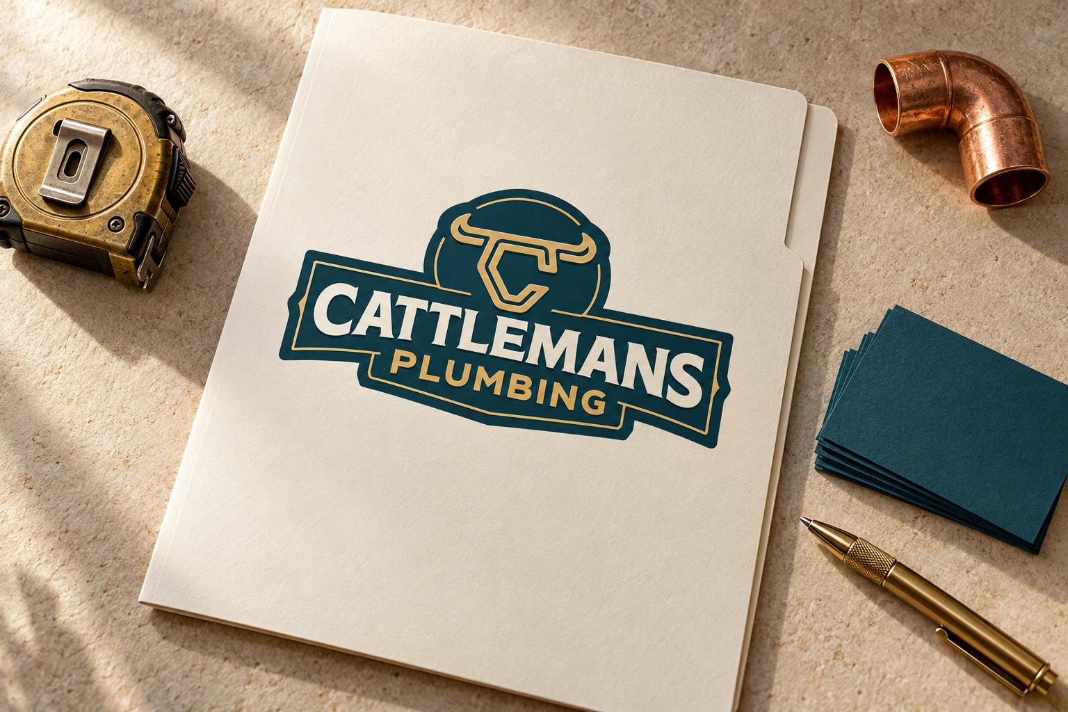 AI-generated brand concept for Cattlemans Plumbing: service stationery suite.