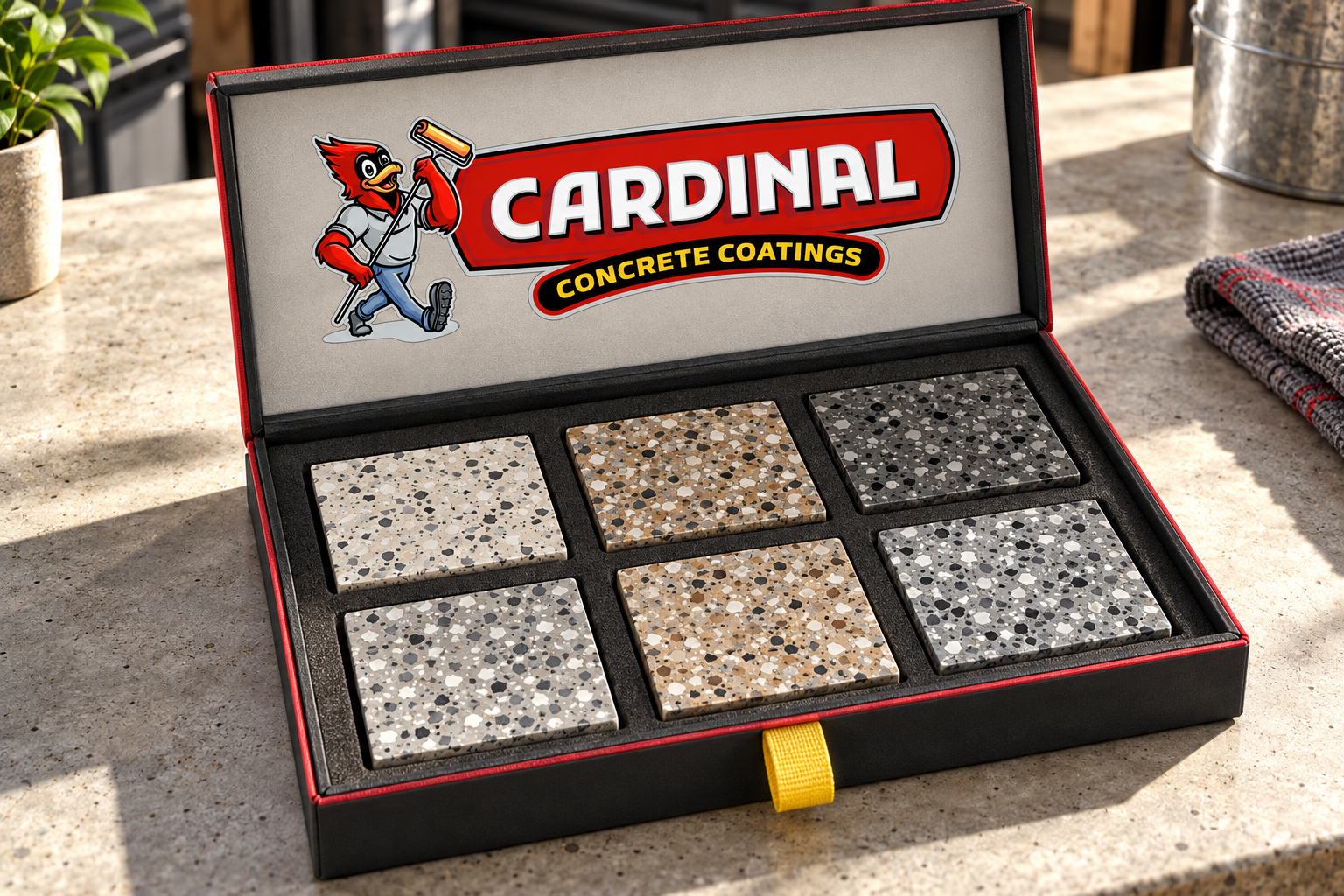 AI-generated brand concept for Cardinal Concrete Coatings: floor finish sample kit.