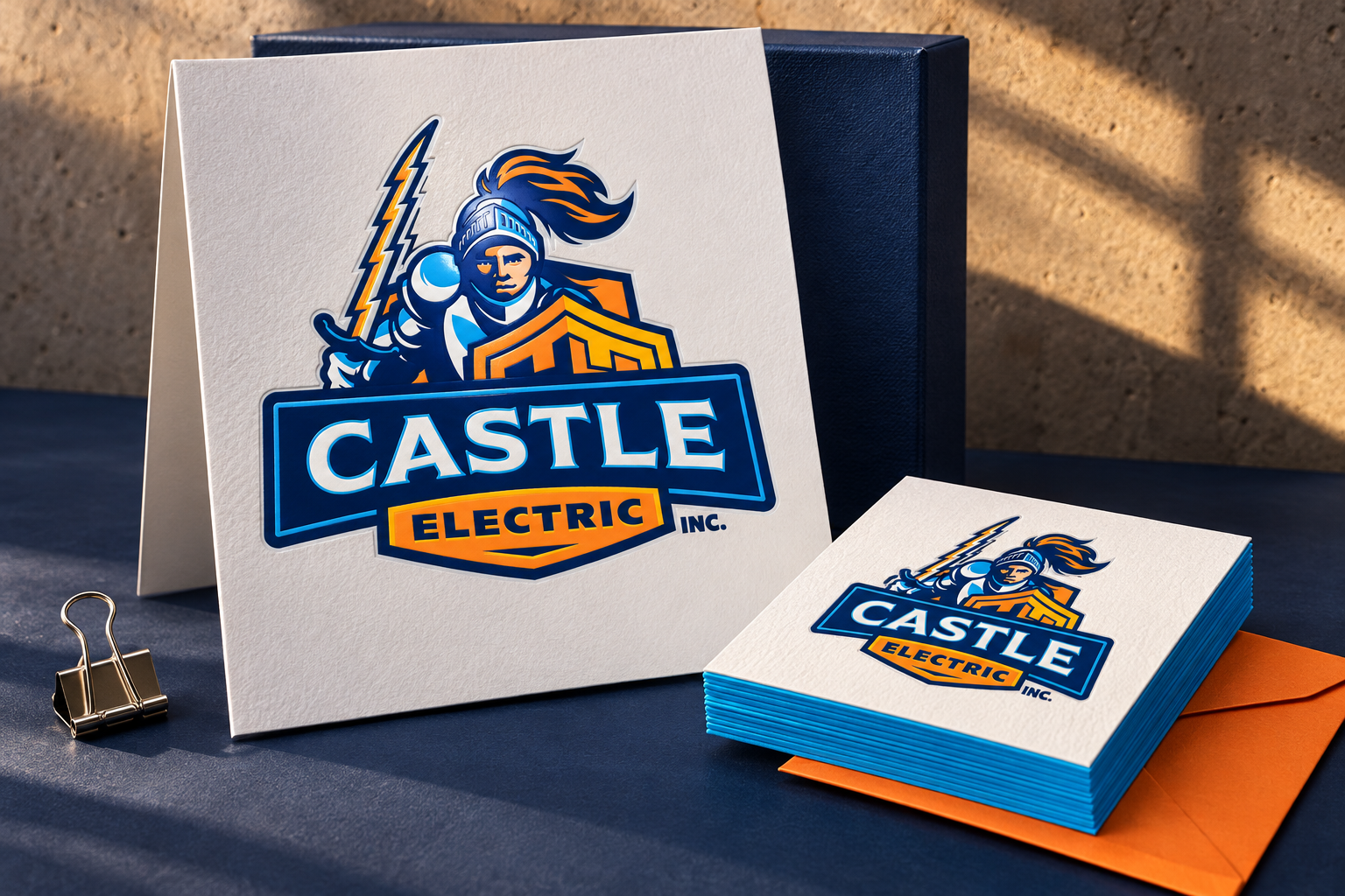 AI-generated brand concept for Castle Electric: tactile brand collateral.