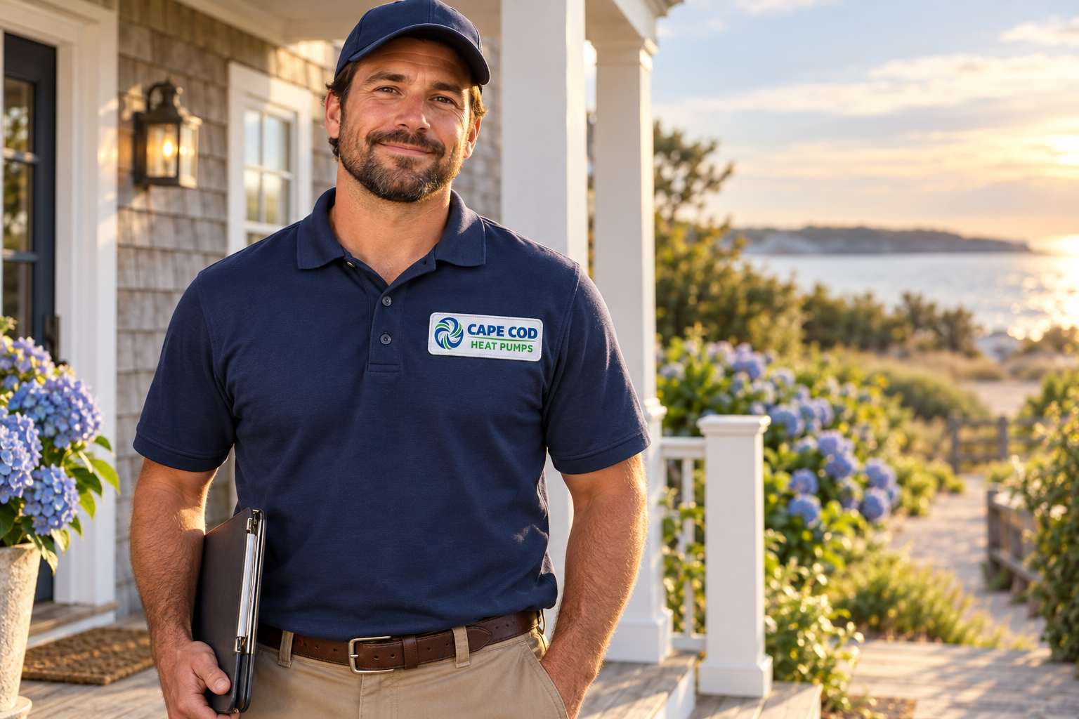 AI-generated brand concept for Cape Cod Heat Pumps: coastal technician.