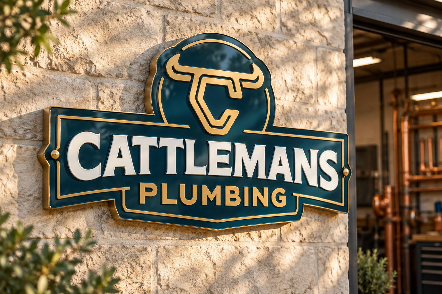 AI-generated brand concept for Cattlemans Plumbing: crafted workshop signage.