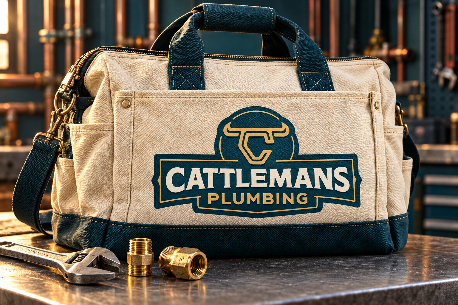 AI-generated brand concept for Cattlemans Plumbing: field kit hero.