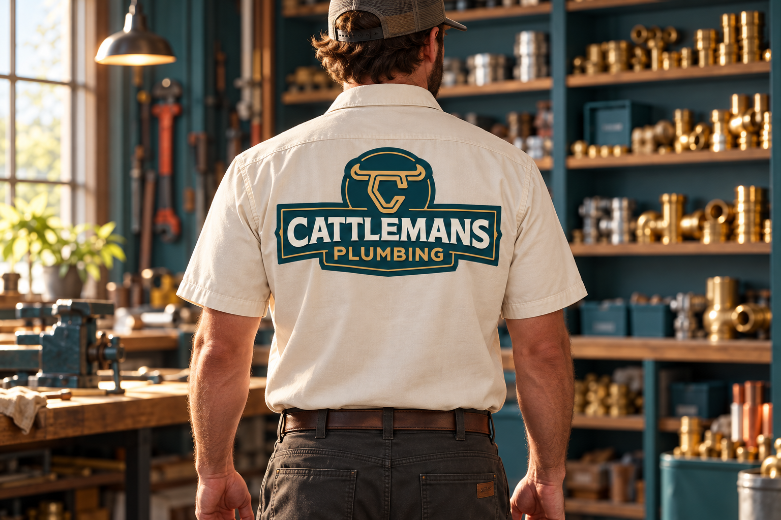 AI-generated brand concept for Cattlemans Plumbing: workshop uniform.