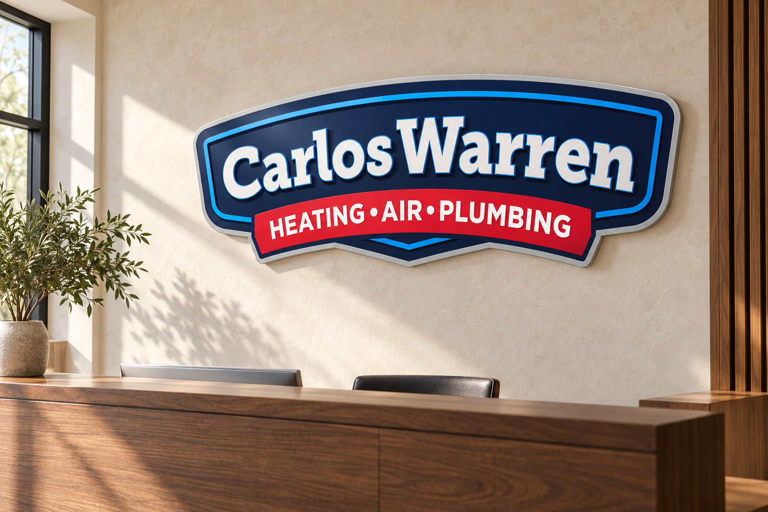 AI-generated brand concept for Carlos Warren: dimensional reception signage.