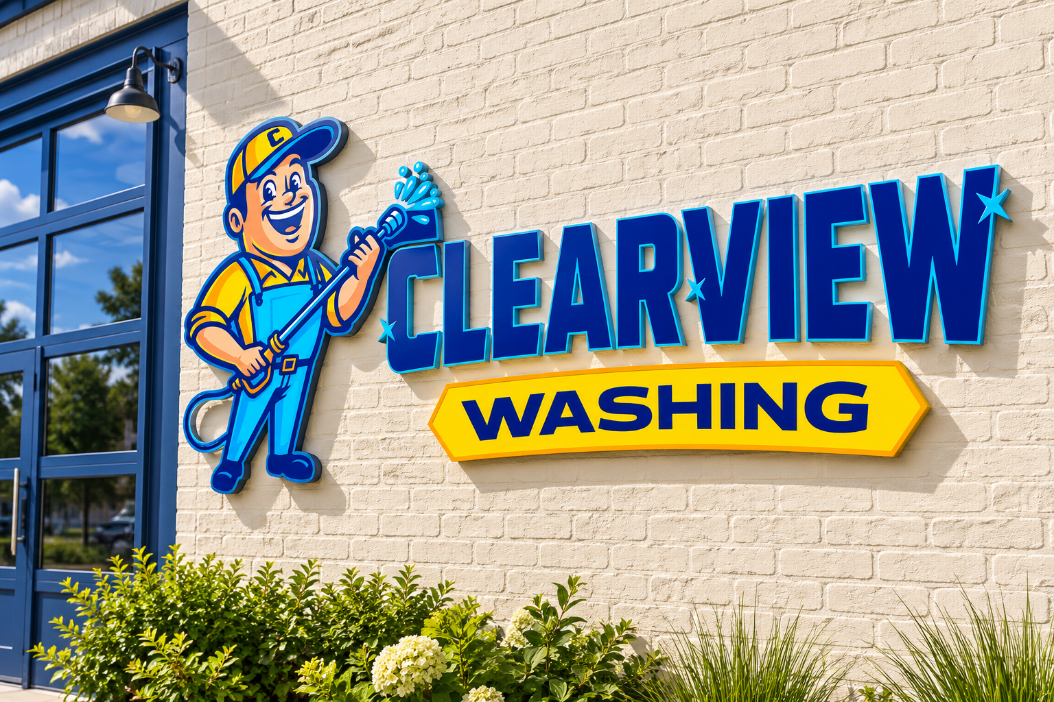 AI-generated brand concept for Clearview Washing: dimensional shop sign.
