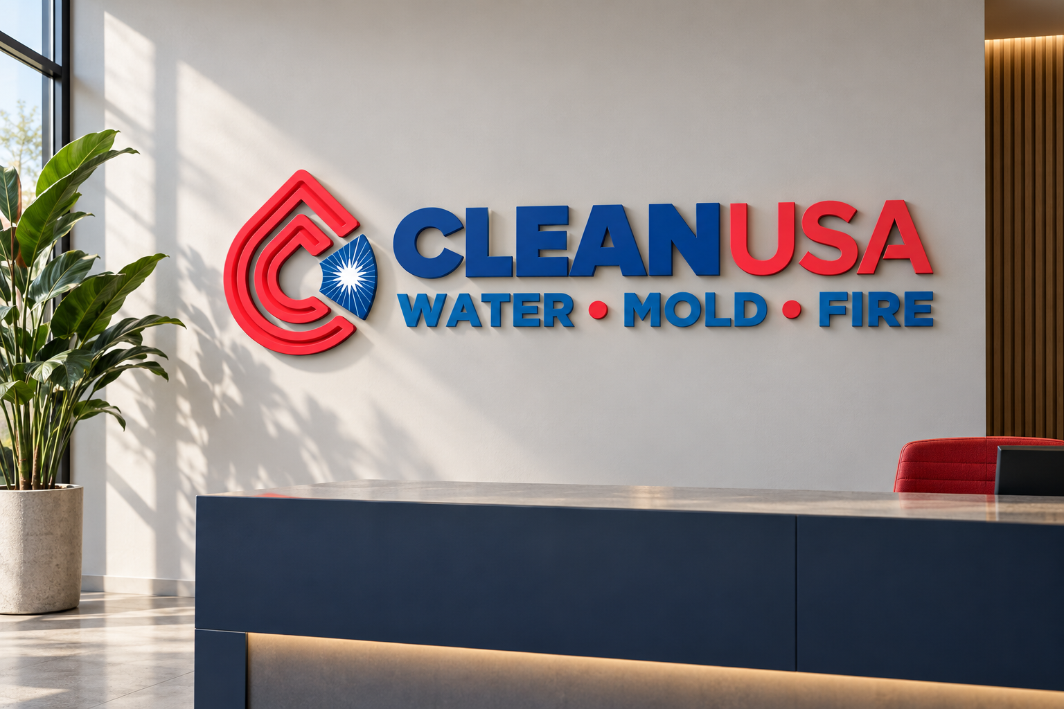 AI-generated brand concept for Clean USA: reception wall sign.