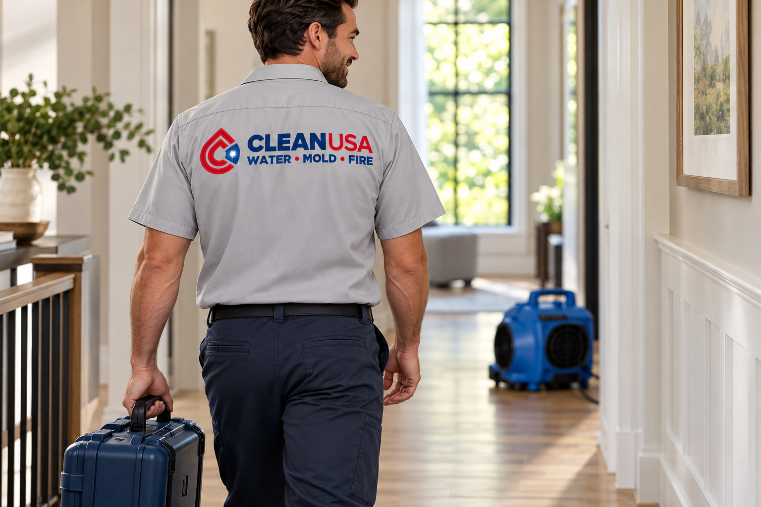 AI-generated brand concept for Clean USA: restoration technician.