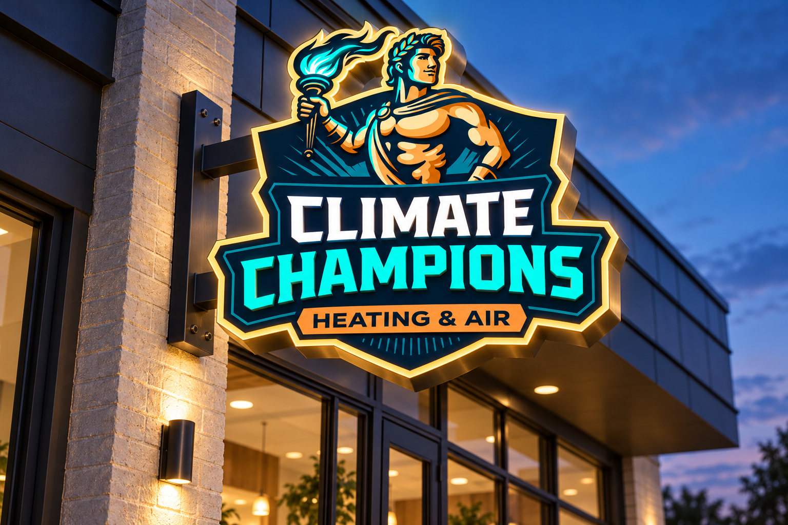 AI-generated brand concept for Climate Champions: illuminated exterior sign.