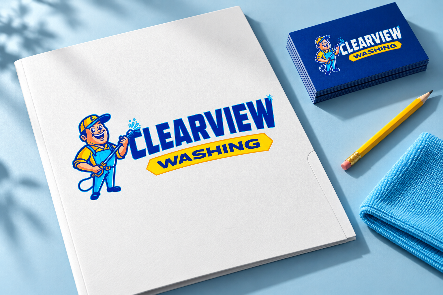 AI-generated brand concept for Clearview Washing: premium client folder.