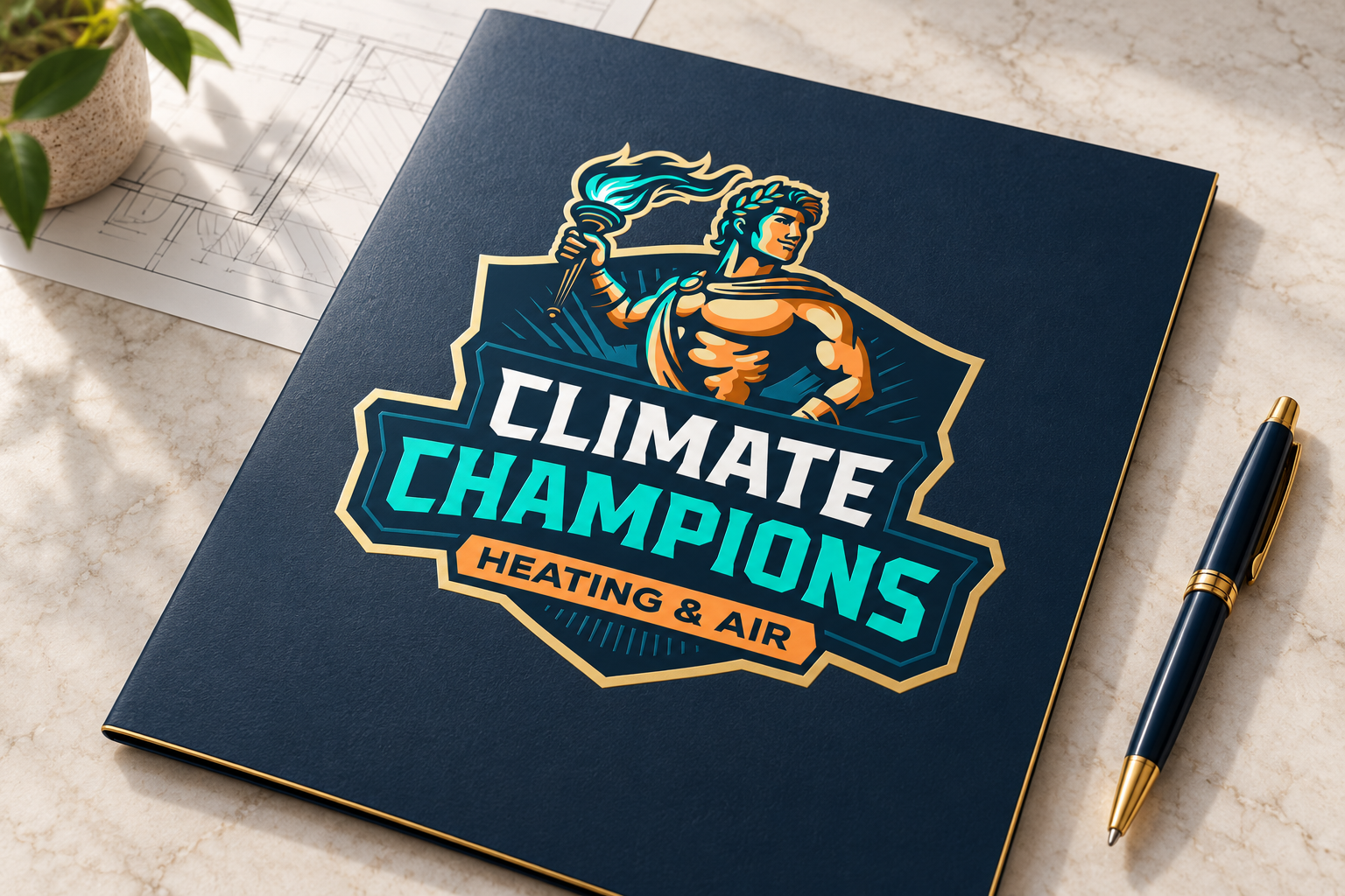 AI-generated brand concept for Climate Champions: client presentation folder.