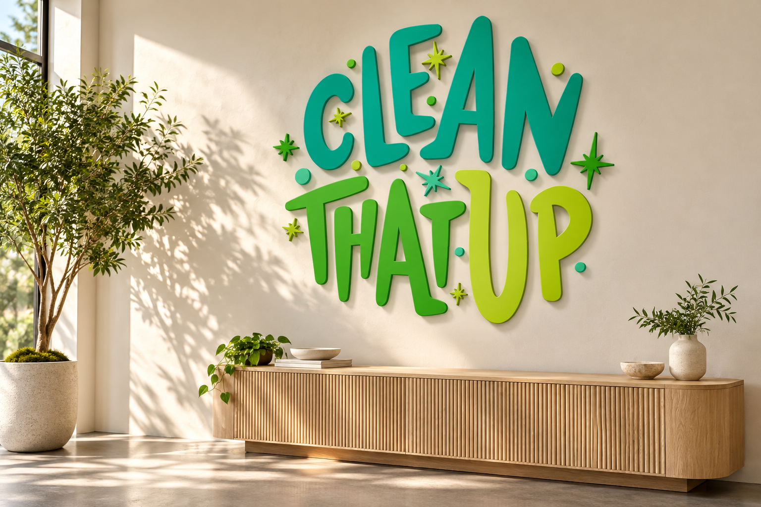 AI-generated brand concept for Clean That Up: reception signage.