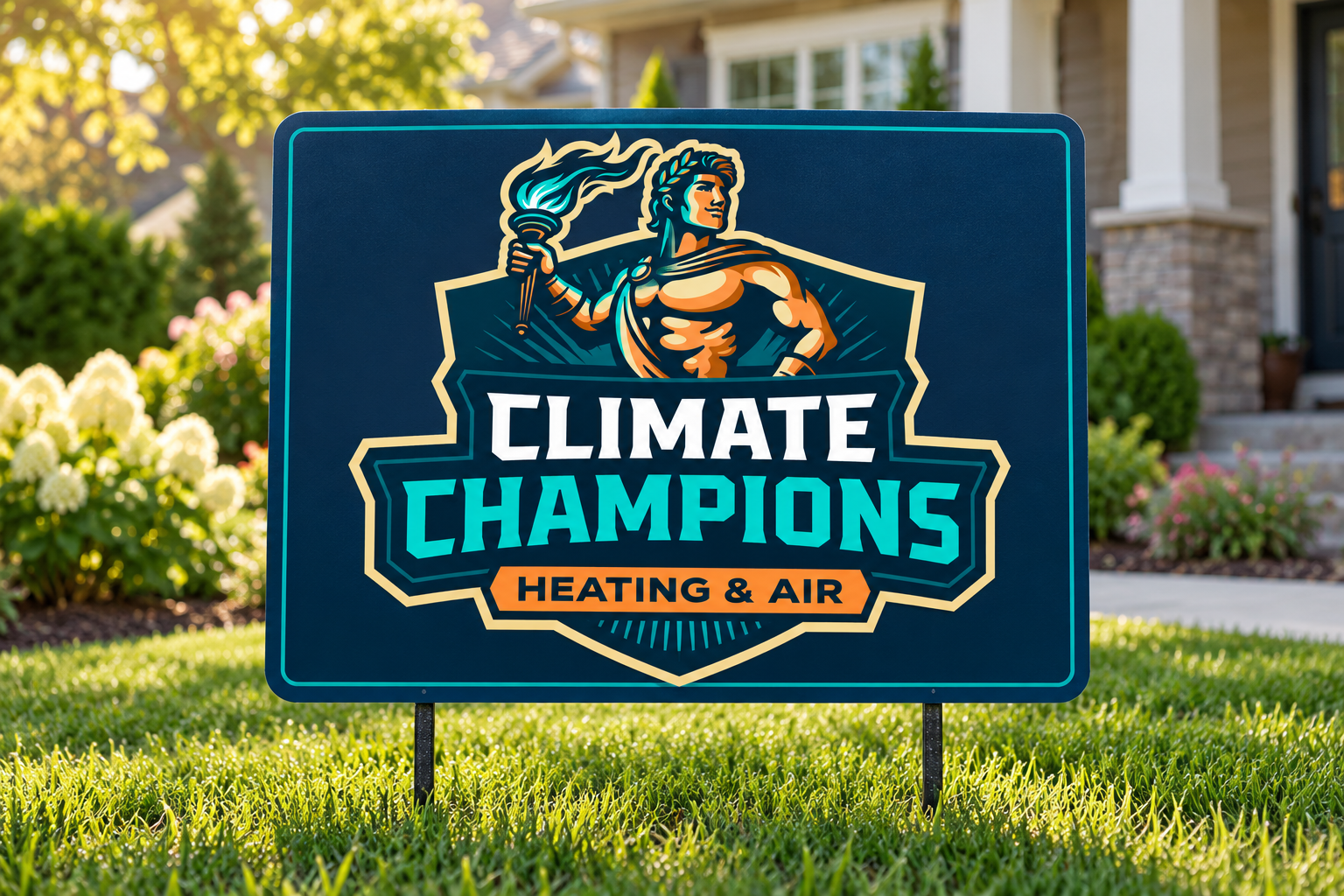 AI-generated brand concept for Climate Champions: residential lawn sign.
