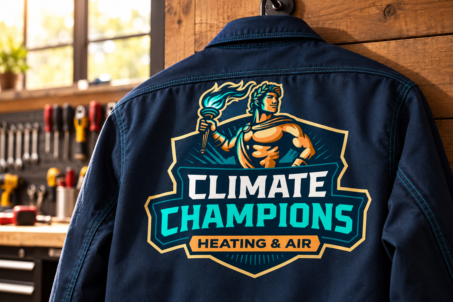 AI-generated brand concept for Climate Champions: technician work jacket.