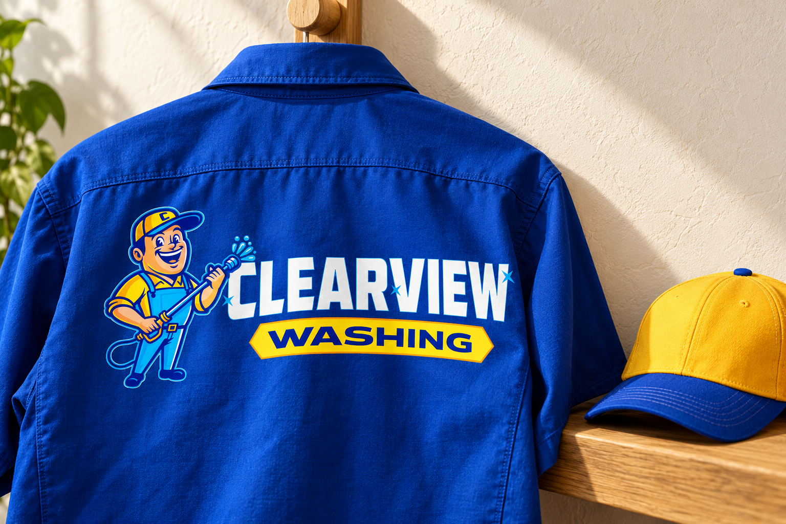 AI-generated brand concept for Clearview Washing: workwear studio.