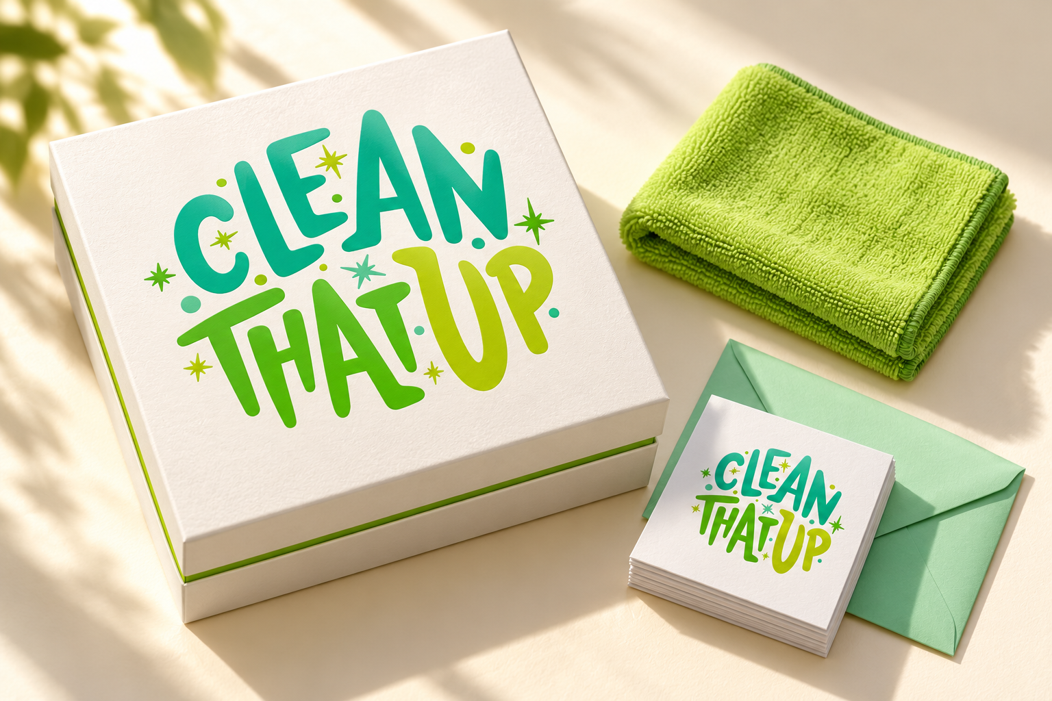 AI-generated brand concept for Clean That Up: welcome kit.