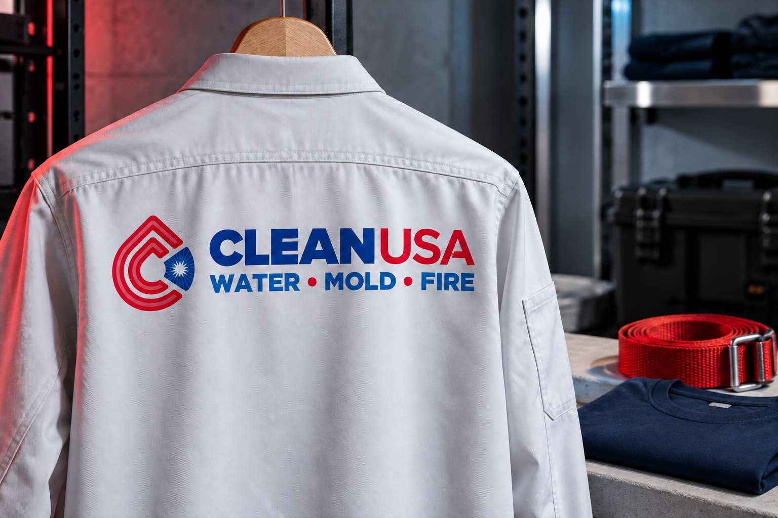 AI-generated brand concept for Clean USA: restoration workwear.