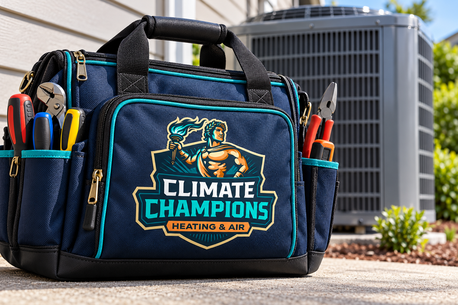 AI-generated brand concept for Climate Champions: hvac technician tool bag.