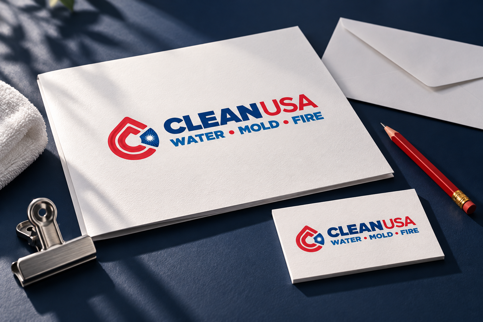 AI-generated brand concept for Clean USA: restoration client kit.